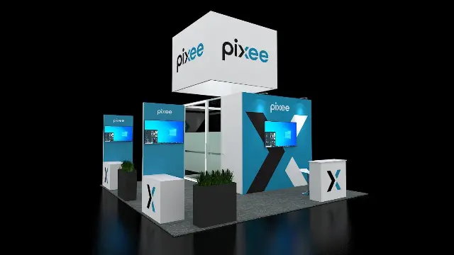 20×20 Island Booth With Hanging Sign and Meeting Room