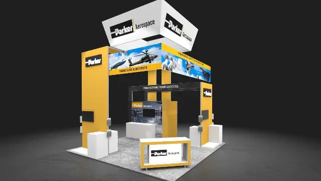 20×20 Island Booth With Hanging Sign and Storage Room