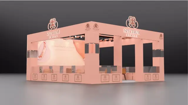 20×20 Island Booth With Open Arch Frame and Glass Display Counters