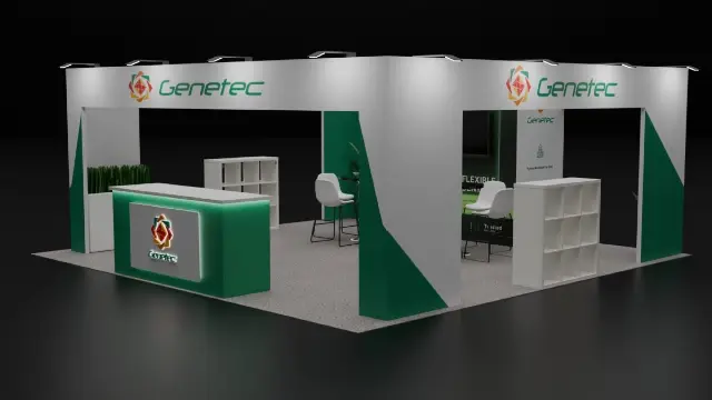 20×20 Island Booth With Open Header Frame and Backlit Counter