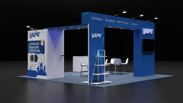 20×20 Island Booth With Overhead Header Frame and Storage Room