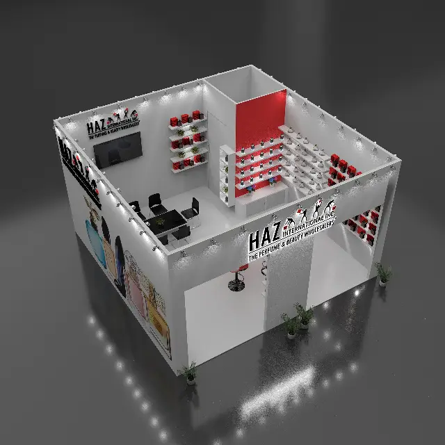 20×20 Island Booth With Perfume Shelving and Storage Room