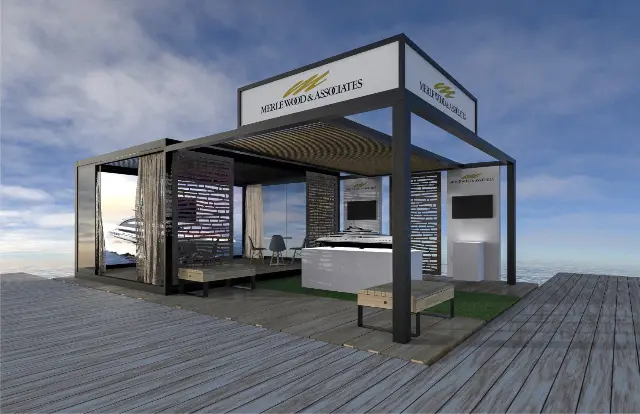 20×20 Island Booth With Pergola Roof and Open Lounge Deck