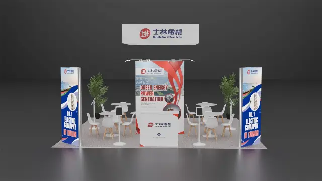 20×20 Island Booth With Rectangle Hanging Sign and Backlit Towers