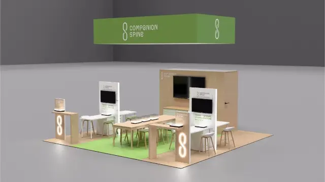 20×20 Island Booth With Rectangular Hanging Sign and Backlit Wooden Towers