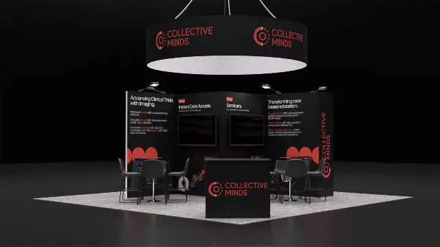 20×20 Island Booth With Round Hanging Sign and Central Media Wall
