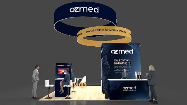 20×20 Island Booth With Round Hanging Sign and Demo Stations