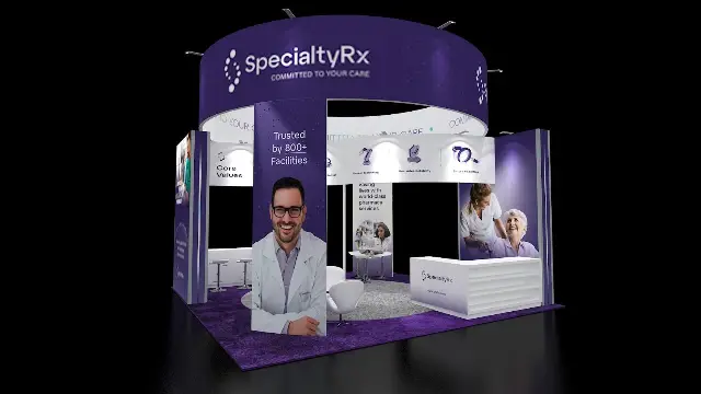 20×20 Island Booth With Round Hanging Sign and Photo Towers