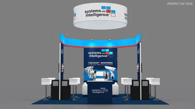 20×20 Island Booth With Round Hanging Sign and Screen Towers