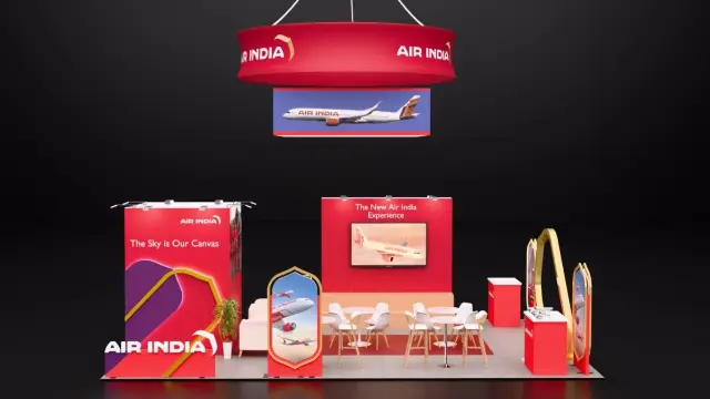 20×20 Island Booth With Round Hanging Sign and Café Lounge