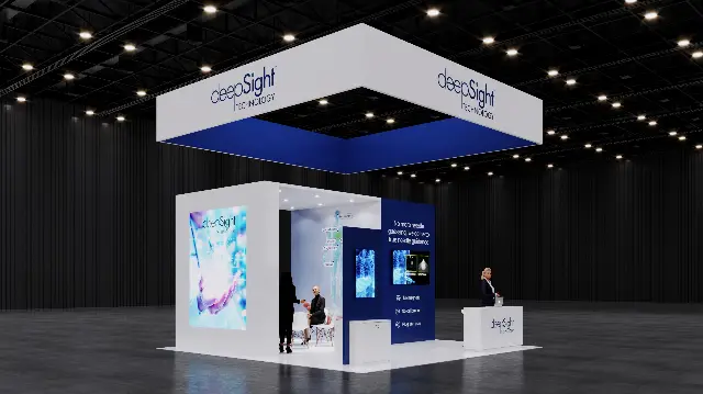 20×20 Island Booth With Square Hanging Ring Sign and Backlit Graphic Wall
