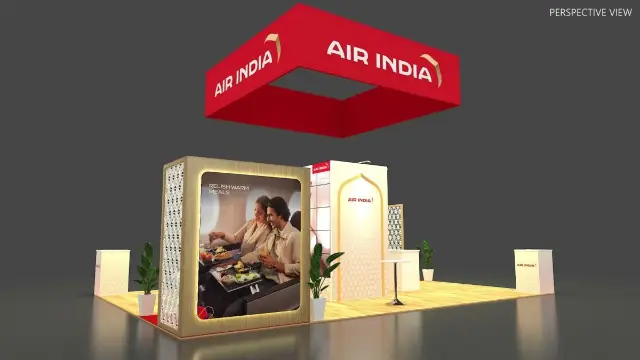 20×20 Island Booth With Square Hanging Sign and Lit Feature Wall