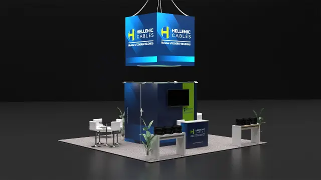 20×20 Island Booth With Square Hanging Sign and Lockable Storage Room