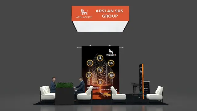 20×20 Island Booth With Square Hanging Sign and Lounge
