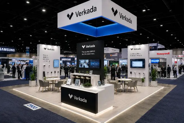 20×20 Island Booth With Square Hanging Sign and Three Feature Walls