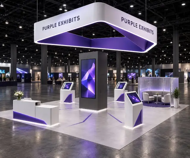 20×20 Island Booth With Square Hanging Sign and Touchscreen Kiosks