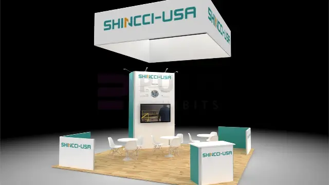 20×20 Island Booth With Square Hanging Sign and Tower