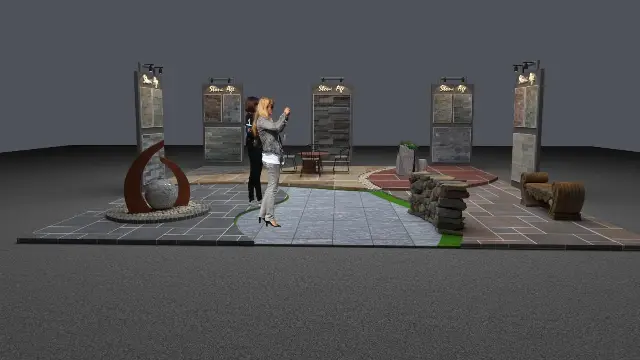 20×20 Island Booth With Stone Sample Towers and Landscaped Paver Floor