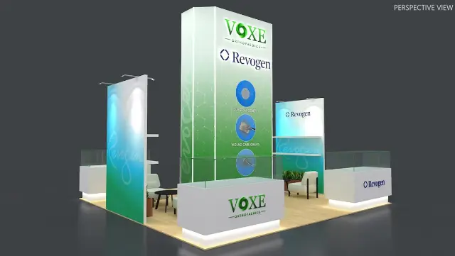 20×20 Island Booth With Tall Backlit Tower and Glass Display Counters