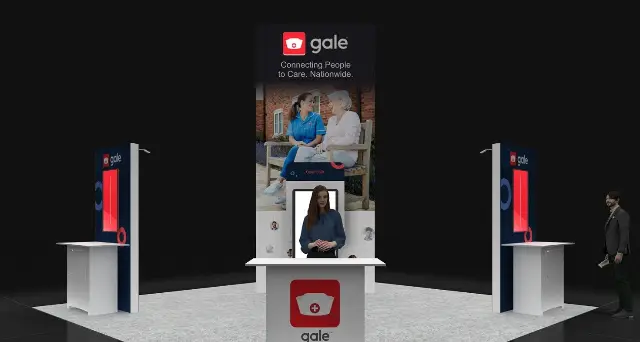 20×20 Island Booth With Tall Central Graphic Tower and Side Screen Walls