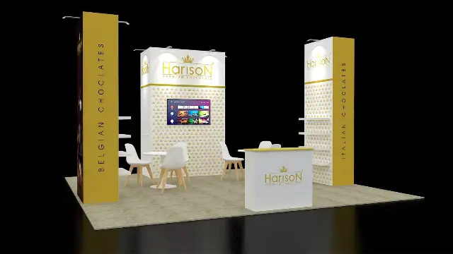 20×20 Island Booth With Tall Graphic Towers and Product Shelving