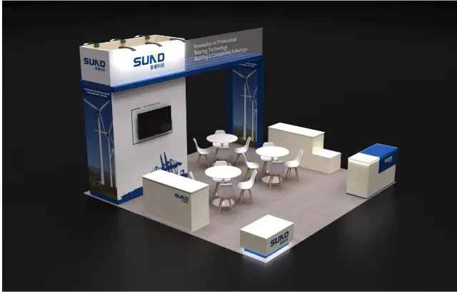 20×20 Island Booth With Tall Storage Tower and Overhead Blue Beam