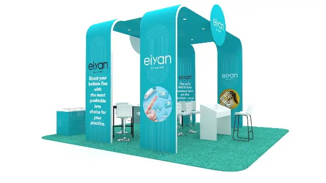 20×20 Island Booth With Teal Arch Frames and Round Logo Sign