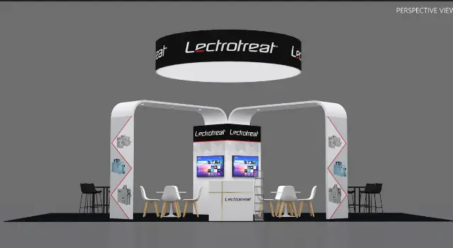 20×20 Island Booth With Twin Arches and Round Hanging Sign