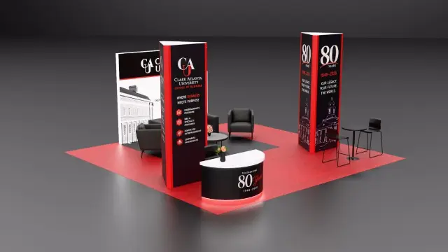 20×20 Island Booth With Twin Triangular Towers and Curved Counter