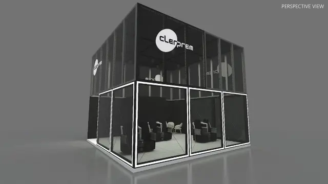 20×20 Island Booth With Two-Level Glass Enclosure