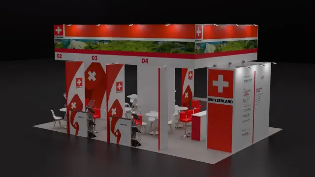 20×20 Island Booth With Two-Story Canopy and Four Meeting Bays