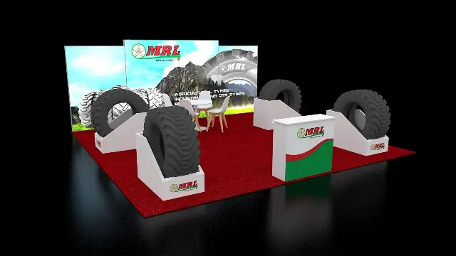 20×20 Peninsula Booth With Angled Product Plinths and Tiered Graphic Wall