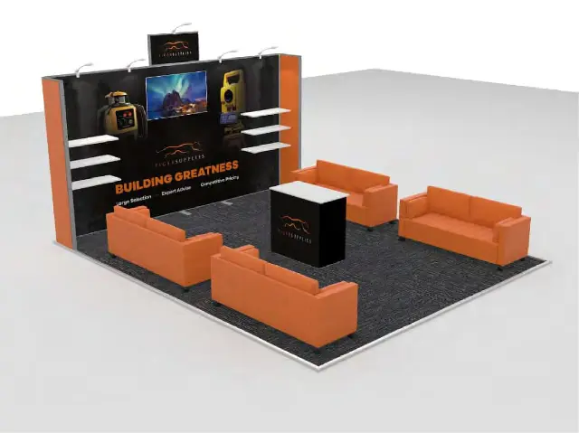 20×20 Peninsula Booth With Four-Sofa Lounge and Shelved Graphic Wall