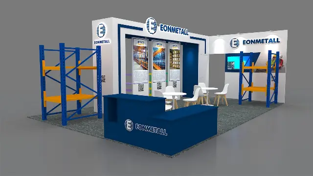 20×20 Peninsula Booth With Framed Header Portal and L-Shaped Counter