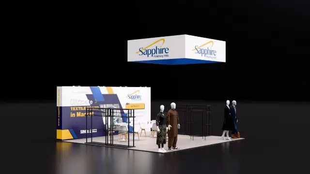 20×20 Peninsula Booth With Hanging Sign and Garment Display Racks