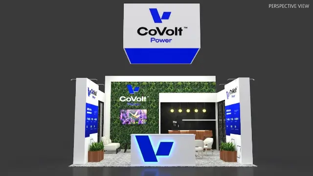 20×20 Peninsula Booth With Large Hanging Sign and Green Wall Lounge