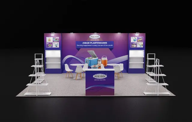 20×20 Peninsula Booth With Lit Shelf Towers and Freestanding Display Racks