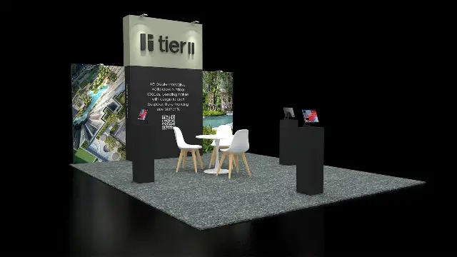 20×20 Peninsula Booth With Logo Tower Header and Tablet Kiosks