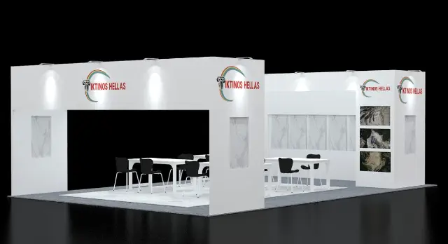 20×20 Peninsula Booth With Portal Header and Meeting Tables