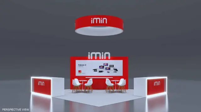 20×20 Peninsula Booth With Round Sign and Two Glowing Counters