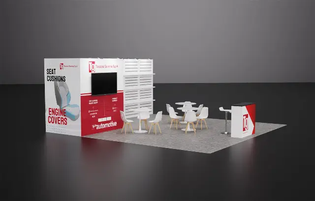 20×20 Peninsula Booth With Slatted Shelf Wall and Café Seating