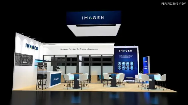 20×20 Peninsula Booth With Square Hanging Sign and Coffee Bar