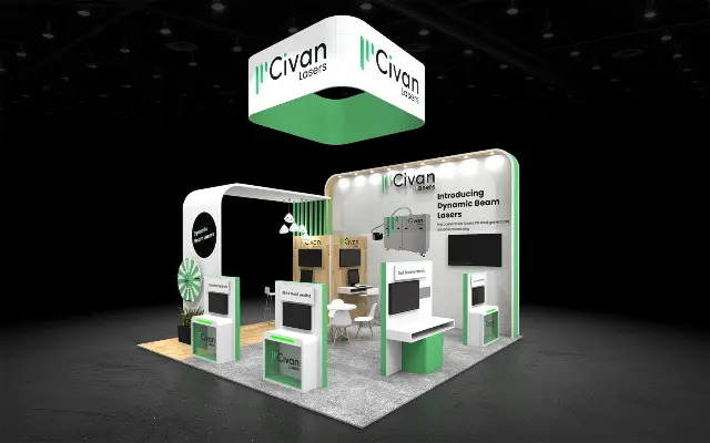 20×20 Peninsula Booth With Square Hanging Sign and Demo Stations