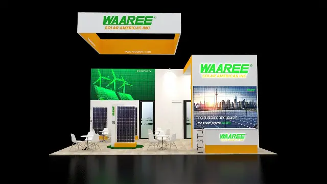 20×20 Peninsula Booth With Square Hanging Sign and LED Video Wall