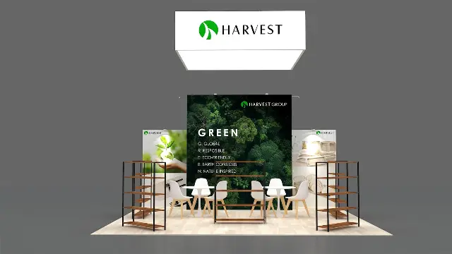 20×20 Peninsula Booth With Square Hanging Sign and Open Shelving Units