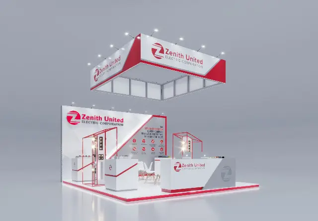 20×20 Peninsula Booth With Square Hanging Sign and Red Frame Display Towers