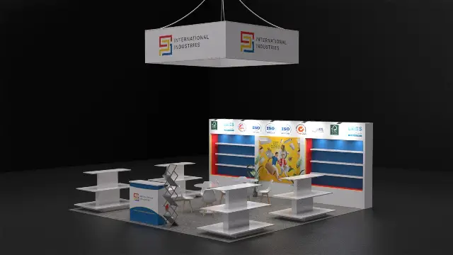20×20 Peninsula Booth With Square Hanging Sign and Tiered Display Tables