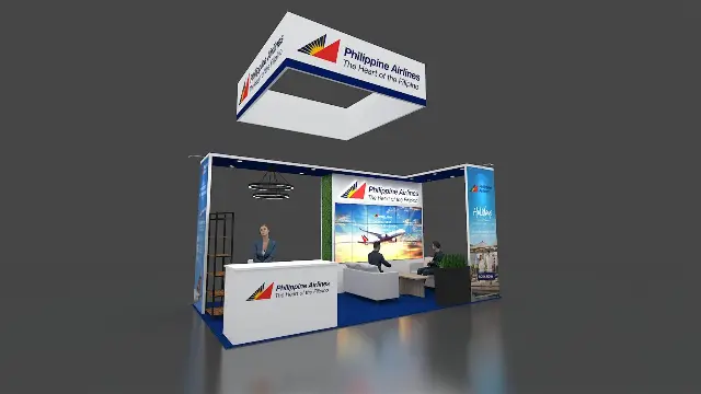 20×20 Peninsula Booth With Square Hanging Sign and Video Wall