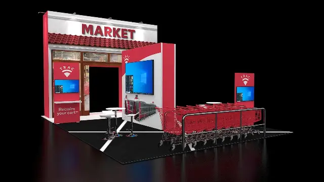 20×20 Peninsula Booth With Storefront Facade and Cart Display
