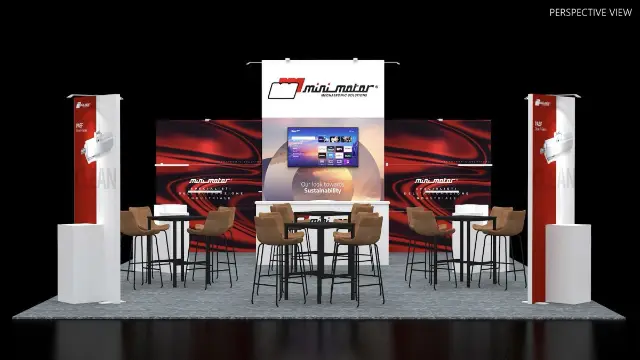 20×20 Peninsula Booth With Twin Towers and High-Table Lounge